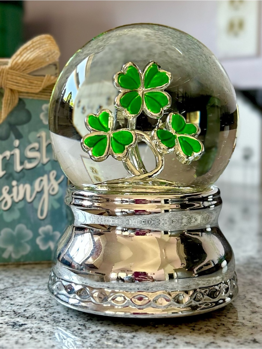 Glass Irish Green Shamrock Musical Snow Globe with Silver Colored Metal Base